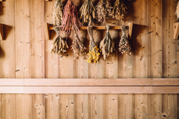 An der Wand einer Holzsauna sind Bündel von getrockneten Kräuter aufgehängt. 